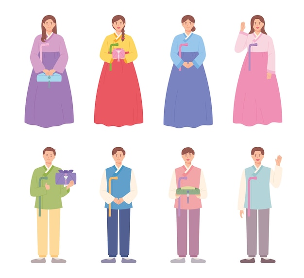 Hombres y mujeres con hermosos vestidos tradicionales coreanos, Hanbok.