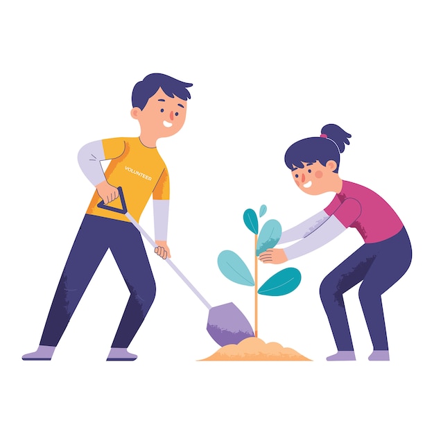 hombres y mujeres jóvenes como voluntarios para plantar árboles como vegetación natural