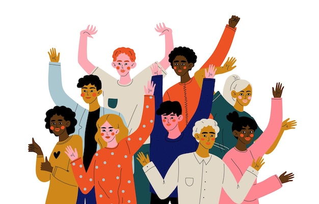 Hombres y mujeres jóvenes felices de pie juntos grupo multirracial diverso de personas diversidad social ilustración vectorial diseño web