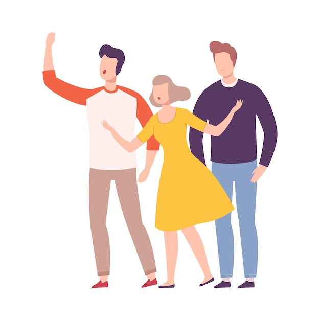 Hombres y mujeres jóvenes mirando algo hablando entre sí y gestando ilustración vectorial de estilo plano