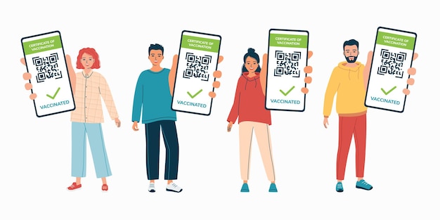 Hombres y mujeres jóvenes muestran el código QR de vacunación en el teléfono