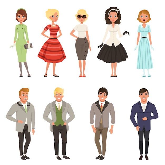 Hombres y mujeres jóvenes con ropa de moda retro de los años 50 y 60 | Vector Premium