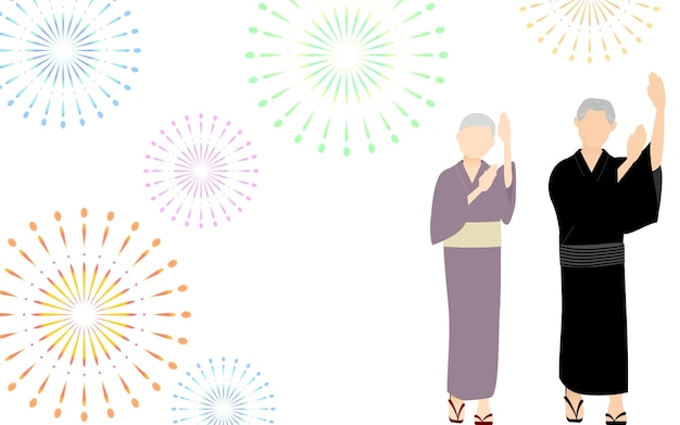 Hombres y mujeres mayores en yukata bailando con Bon Odori y fuegos artificiales