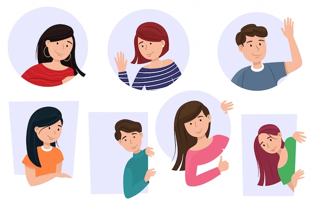 Hombres y mujeres miran, los personajes de dibujos animados sonríen. Conjunto de personas curiosas, aislados en estilo plano de dibujos animados.