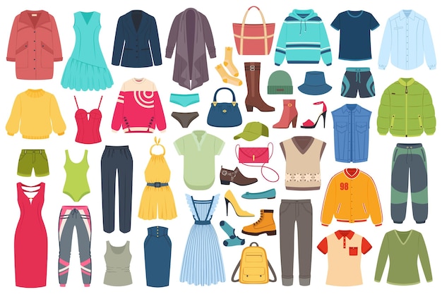 Vector hombres, mujeres, moda, ropa, accesorios, sombreros, calzado, verano, invierno, trajes, moda, vector, conjunto