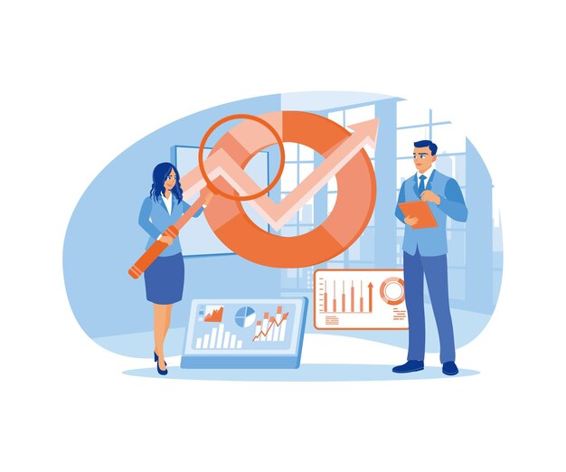 Hombres y mujeres de negocios analizando gráficos y gráficos Planificando una estrategia de marketing Concepto de investigación de marketing Ilustración vectorial plana