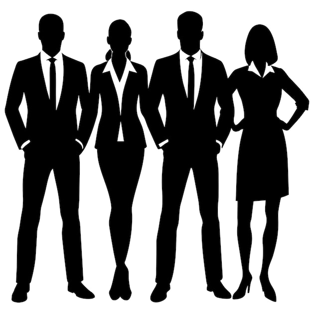 Hombres y mujeres de negocios de pie posan silueta vectorial de color negro fondo blanco 3