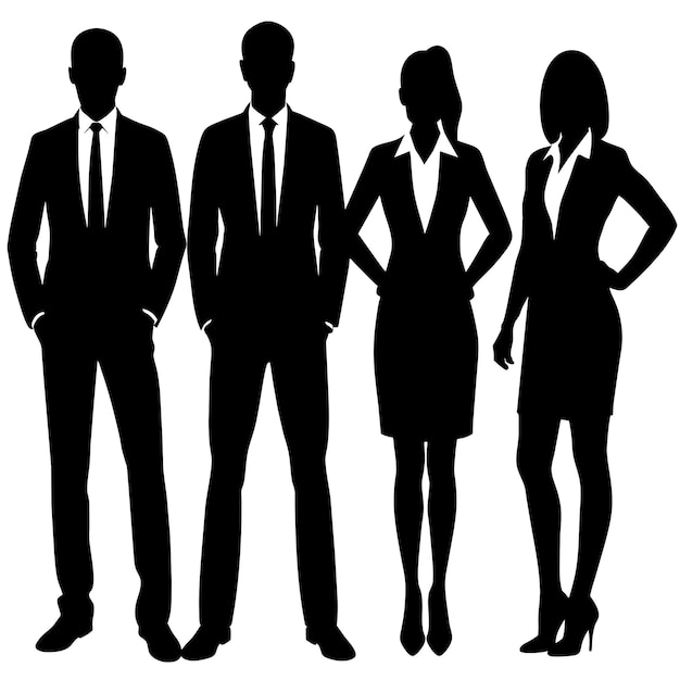 Hombres y mujeres de negocios de pie posan silueta vectorial de color negro fondo blanco 45