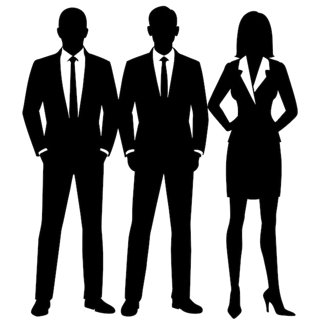 Hombres y mujeres de negocios de pie posan silueta vectorial de color negro fondo blanco 52