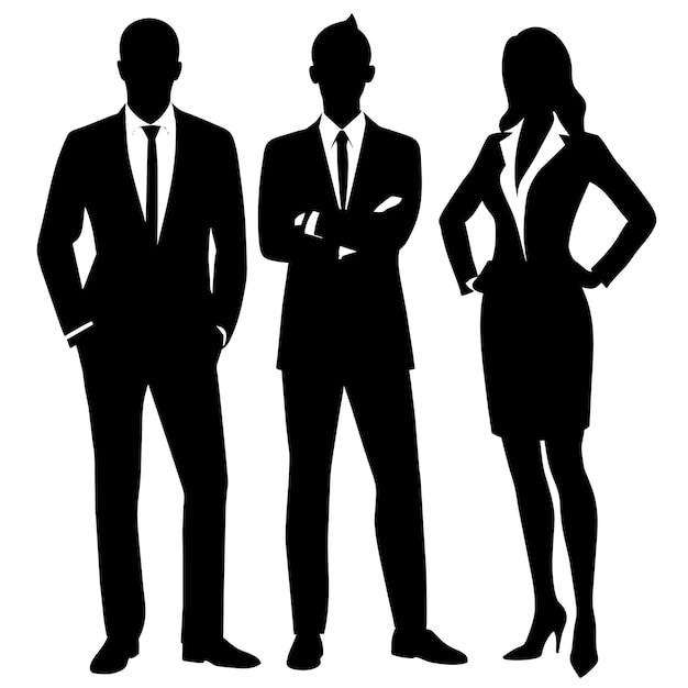 Hombres y mujeres de negocios de pie posan silueta vectorial de color negro fondo blanco 59