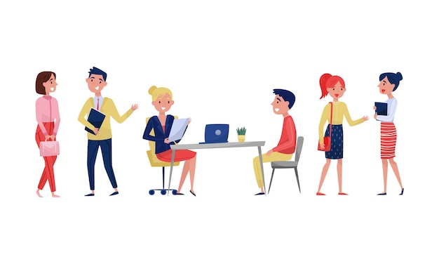 Hombres y mujeres en la oficina para una entrevista Ilustración vectorial sobre un fondo blanco
