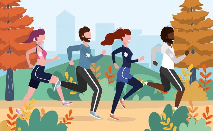 Vector hombres y mujeres practican ejercicio y actividad de correr.