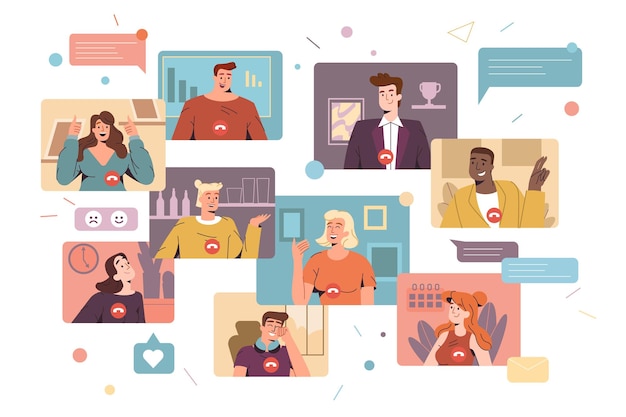 Hombres y mujeres sonrientes y planos trabajan de forma remota y tienen una discusión virtual corporativa. Diversos empleados que participan en videoconferencia a distancia. Amigos que se encuentran en línea. Concepto de comunicación web.