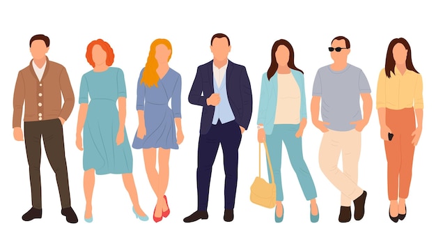 Hombres y mujeres stand vector aislado de diseño plano