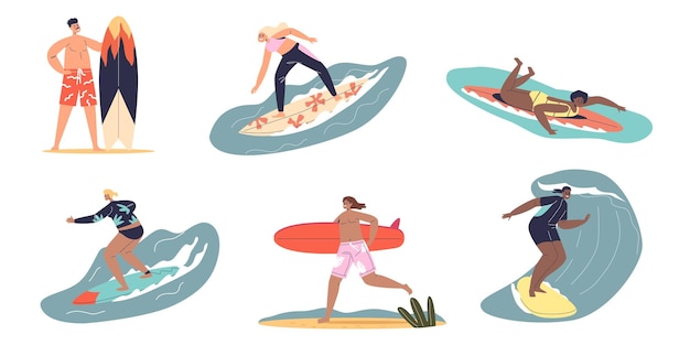 Hombres y mujeres surfeando Conjunto de personajes de dibujos animados surfistas montando tablas de surf en ola