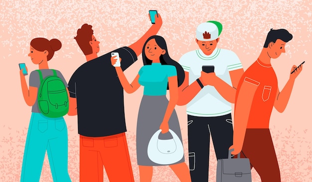 Hombres y mujeres usan teléfonos inteligentes para comunicarse. Adicción a Internet.