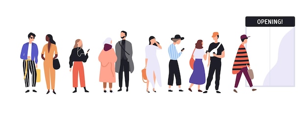 Hombres y mujeres vestidos con ropa de moda parados en fila o cola frente a las puertas de entrada de la tienda. Gente elegante esperando la apertura de una tienda, boutique o sala de exposición. Ilustración de vector de dibujos animados plana