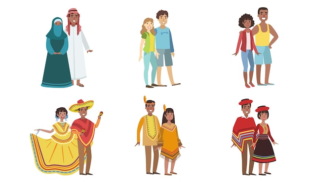 Vector hombres y mujeres vestidos con trajes folclóricos de varios países peru americano indio estados unidos méxico emiratos árabes unidos ilustración vectorial