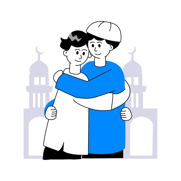 Hombres musulmanes abrazándose y deseándose el uno al otro Eid al adha mubarak ilustración de carácter dibujada a mano