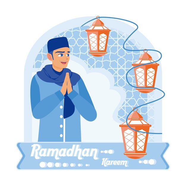 Los hombres musulmanes dan la bienvenida al mes de Ramadán Dicen saludos de Ramadá con decoraciones de linternas colgantes Ramadán Kareem concepto Ilustración vectorial plana