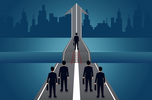 Los hombres de negocios compiten en el camino, hay una brecha entre el camino con flechas para apuntar al éxito de la meta. Concepto de negocio de resolución de problemas de desafío. liderazgo. Idea creativa. ilustración vectorial