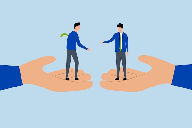 hombres de negocios confiados hombres de negocio confiados de pie en manos gigantes dispuestos a estrechar la mano para un acuerdo de negocios exitoso