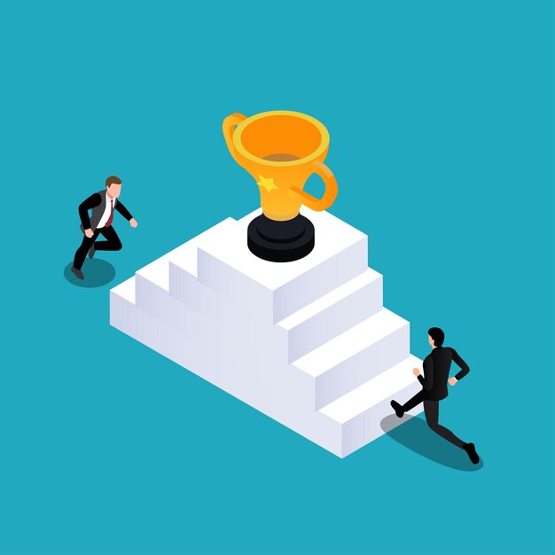 Hombres de negocios corriendo para ganar la competencia 3d isométrica