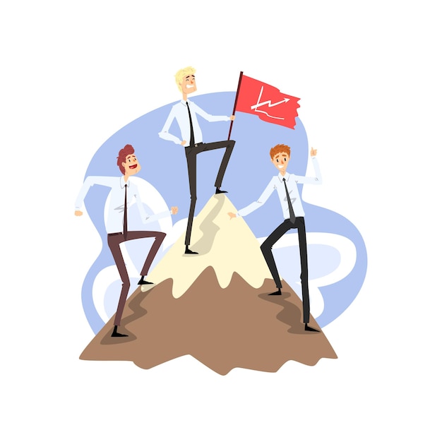 Hombres de negocios de pie juntos en la cima de la montaña con el concepto de desarrollo de carrera empresarial de bandera vector ilustración aislada sobre un fondo blanco