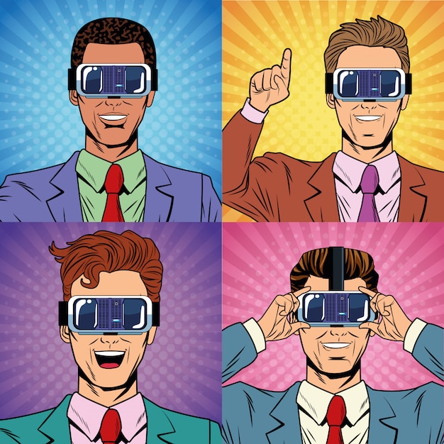 Vector los hombres de negocios de la realidad virtual de dibujos animados de arte pop