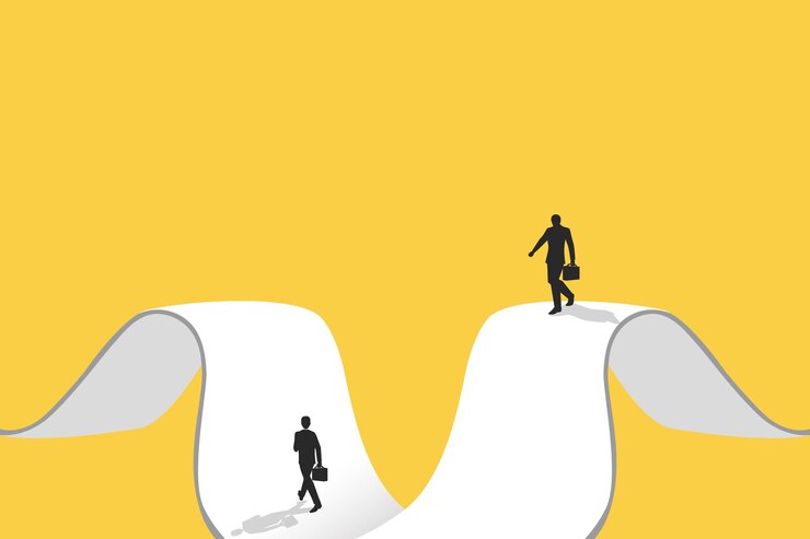 Vector los hombres de negocios siguen un camino hacia las oportunidades de negocios. liderazgo visionario. diferentes rutas comerciales. símbolo de ambición, motivación y largo camino por delante.
