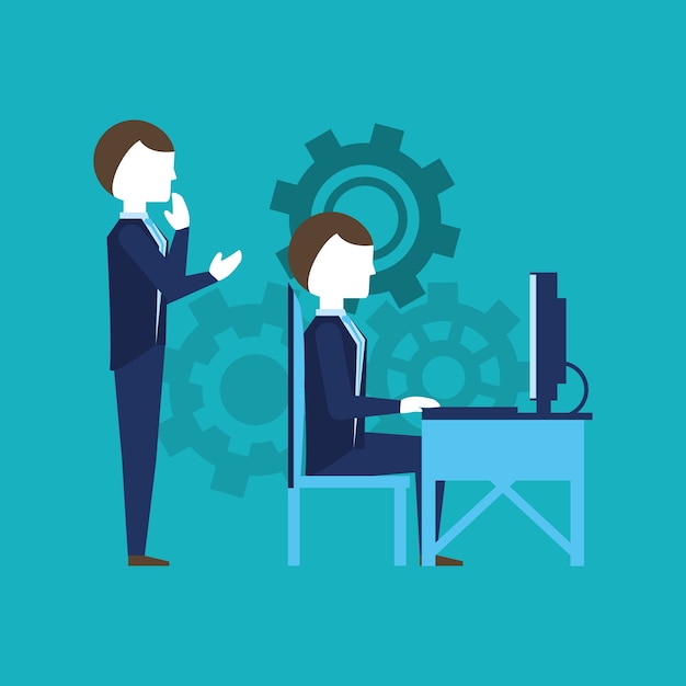 hombres de negocios trabajando sobre ruedas dentadas y fondo azul, diseño colorido. ilustración vectorial