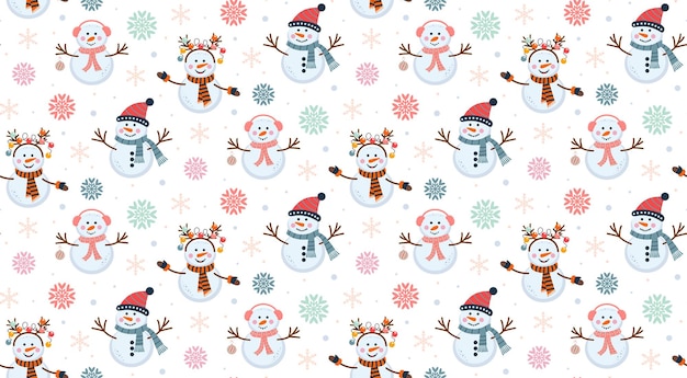 Hombres de nieve lindos y copos de nieve patrón sin costuras colorido telón de fondo de invierno impresión de Navidad