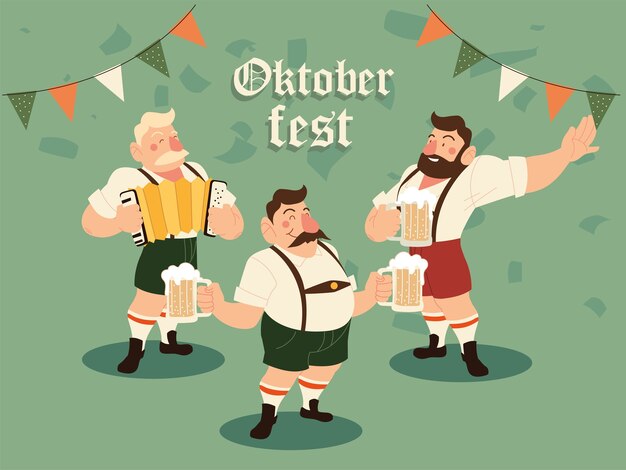 Hombres de oktoberfest con cerveza de tela tradicional e ilustración de banderín de banner, tema de celebración y festival de alemania