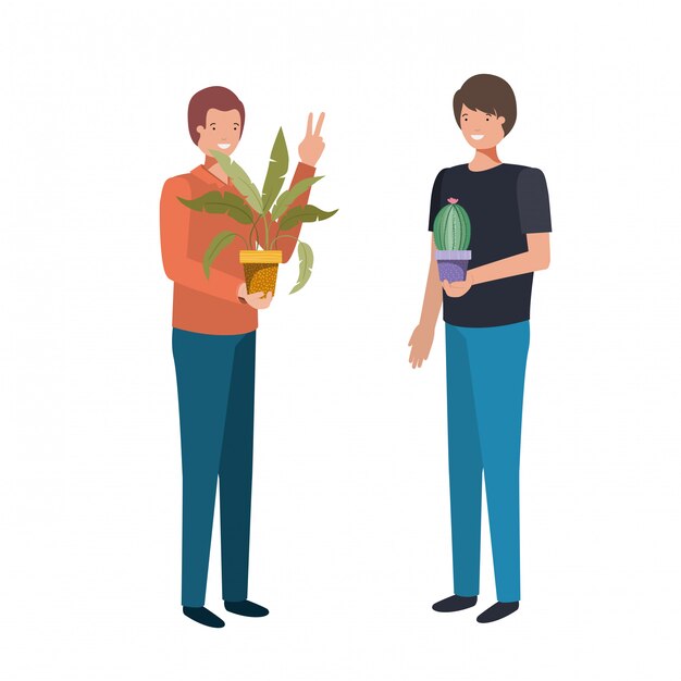 Hombres con personaje de avatar de planta de interior