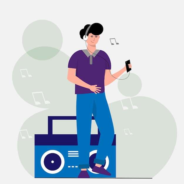 hombres planos hombre aislado escuchando música en los auriculares. ilustraciones vectoriales