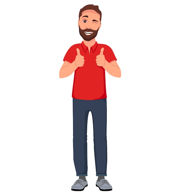 Vector hombres pulgares arriba en una camiseta roja. ilustración de personaje de dibujos animados