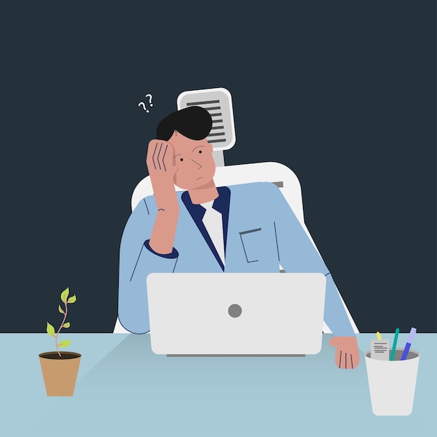 Los hombres que usan la computadora portátil en la tecnología de carácter de diseño de arte plano piensan o piensan el concepto de duda Vector