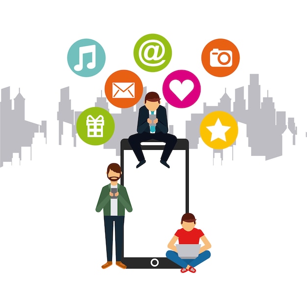 hombres que usan dispositivos tecnológicos con iconos de redes sociales