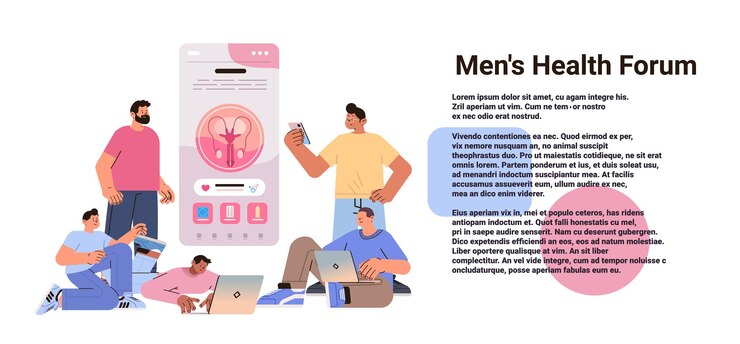 Vector hombres de raza mixta discutiendo sobre educación en salud sexual métodos anticonceptivos sistema de anticoncepción y reproducción concepto de sexualidad humana ilustración de vector de espacio de copia horizontal