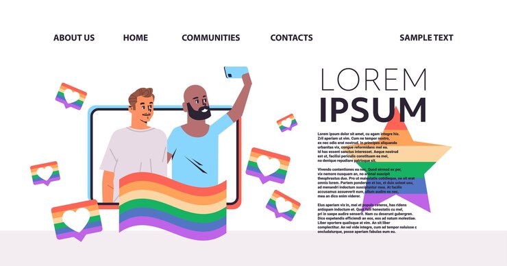 Vector hombres de raza mixta que toman una foto selfie con banderas del arco iris lgbt comunicación en la red de medios sociales desfile de lesbianas gay festival del orgullo concepto de amor transgénero espacio de copia horizontal ilustración vectorial