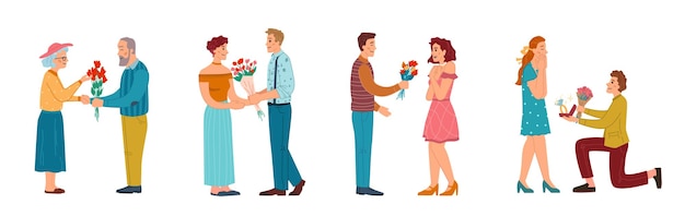 Vector hombres regalando flores a mujeres propuestas y citas.