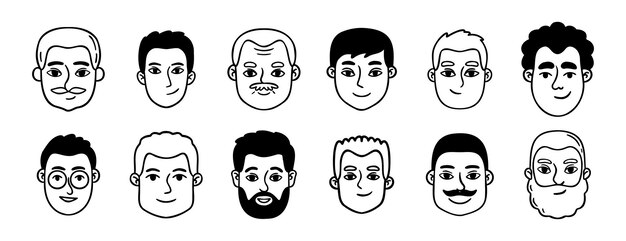 Hombres retratos hombres garabates conjunto garabateado icono dibujado a mano conjunto contorno dibujo hombre cabezas y caras línea