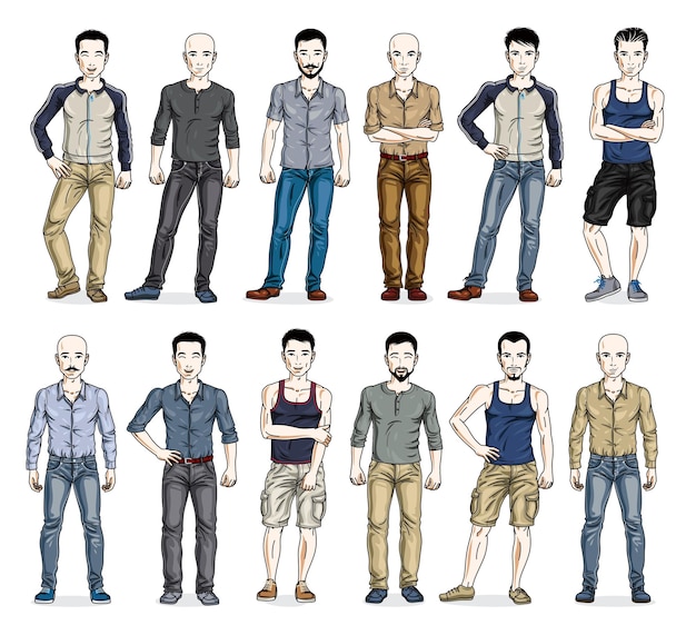 Hombres en ropa casual ilustraciones vectoriales gran conjunto aislado en fondo blanco hombres atractivos y guapos en toda la longitud del cuerpo de pie y posando personas hermosas colección de dibujos