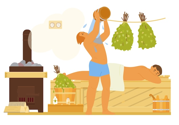 Hombres En Sauna Relajante, Verter Agua. Banco De Madera Interior De Baños, Escobas De Abedul, Estufa Con Leña, Cubos, Termómetro, Aceites Esenciales. Ilustración plana.