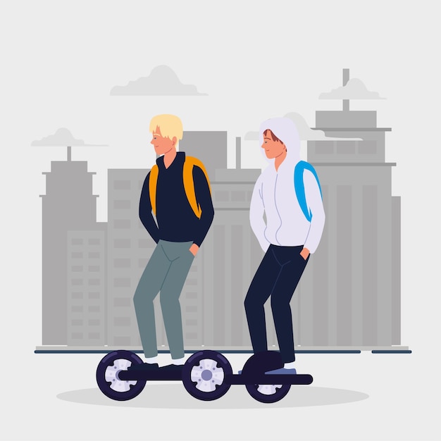 Hombres en scooter de transporte eléctrico gyroscooter