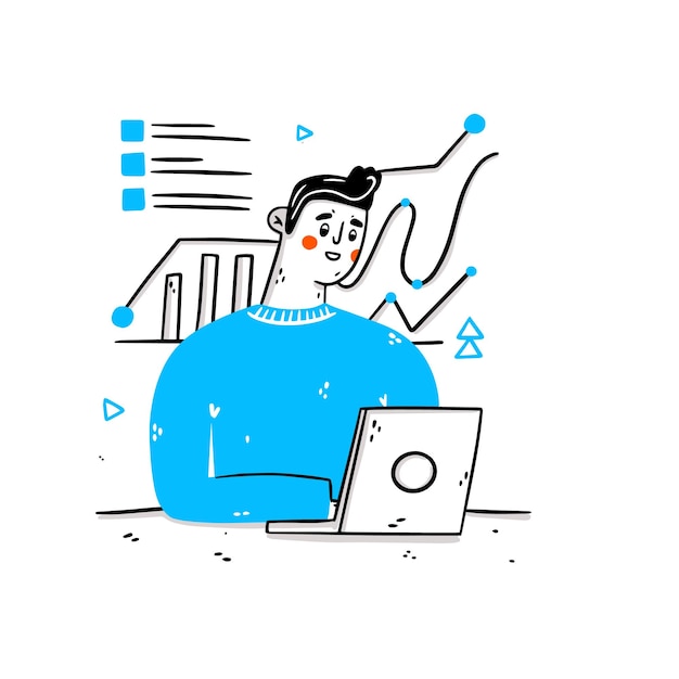 Hombres sentados frente a la computadora portátil. Gráficos, gráfico de datos. Exitoso trabajo bien hecho. tarea completada