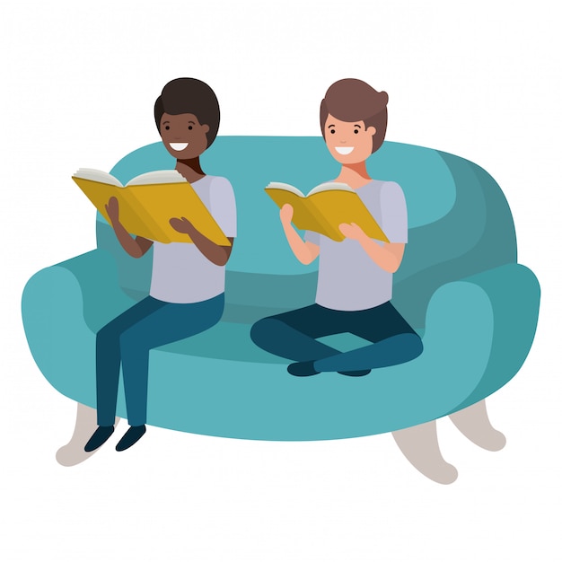 Hombres sentados en el sofá con personaje de avatar de libro