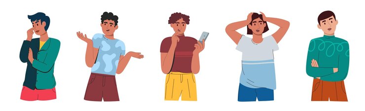 Vector los hombres son reflexivos en dudas y pensamientos. la gente confundida se preocupa con una expresión seria vector