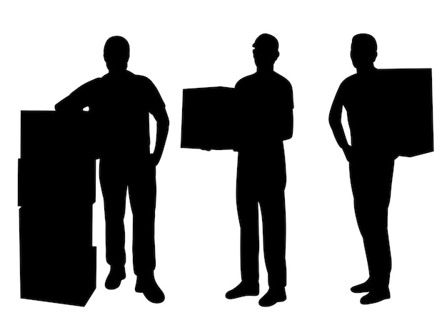 hombres sosteniendo cajas silueta en fondo blanco vector