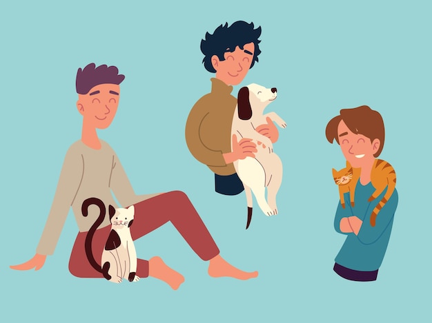 Hombres con sus mascotas, perro gato